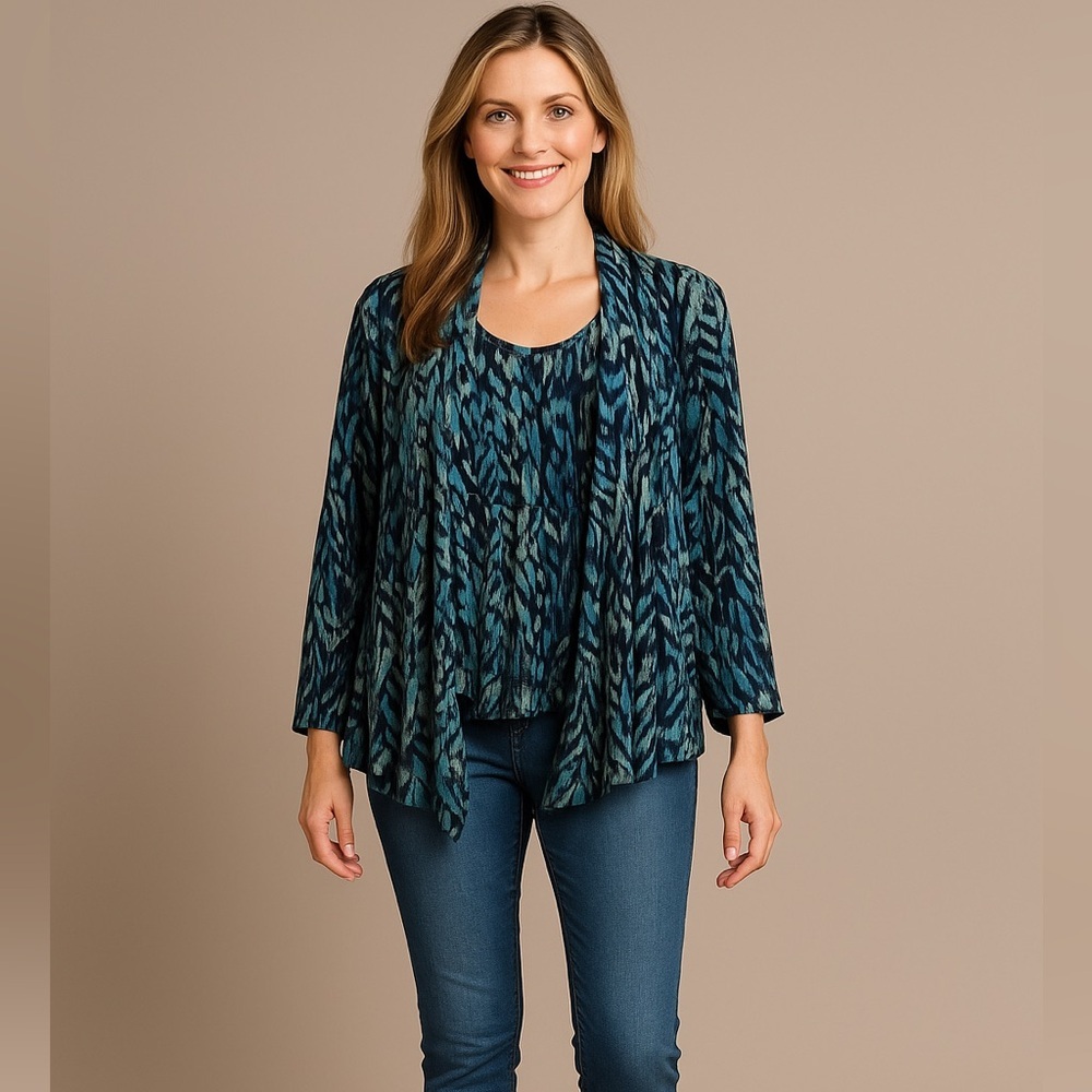Chico’s Leaf-Print Mesh Cardigan and Matching Tank Set Size Medium Open Front